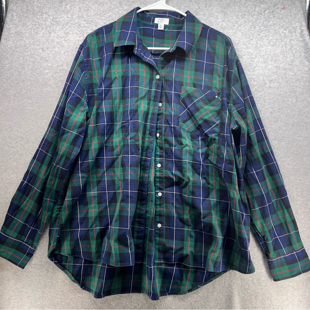 crown & ivy Navy and Green Plaid Button-Down Shirt
